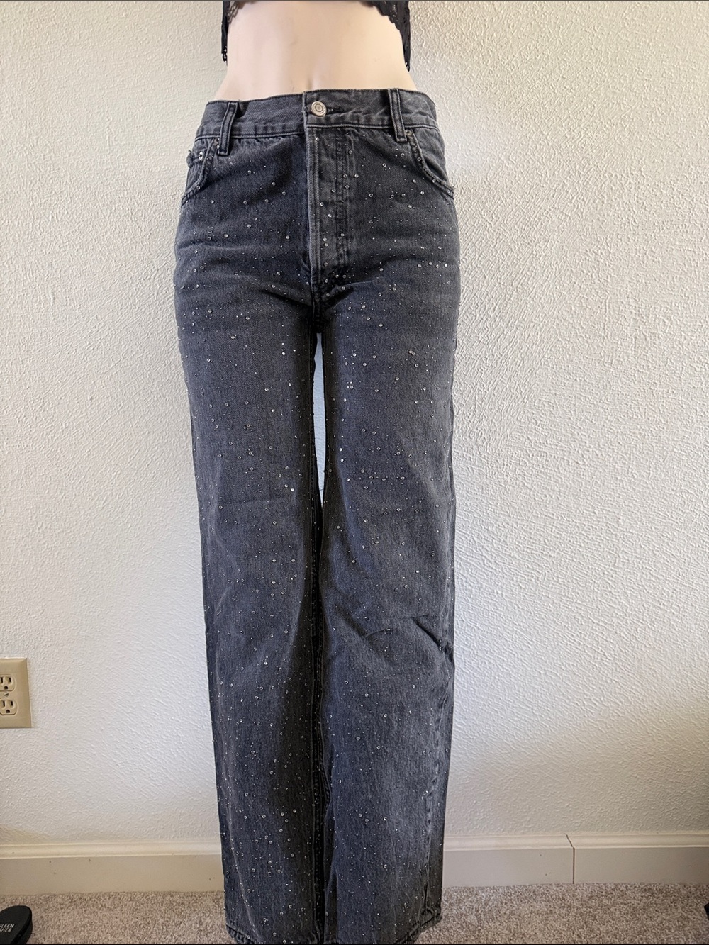 Zara Charcoal Gray  Straight-Leg Jeans with Speckled Sparkles Detail 4